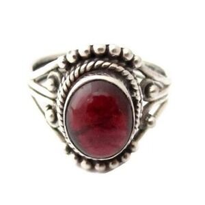 Signed Red Garnet Gemstone Ornate Cannetille Sterling Silver Ring*Sz9.25